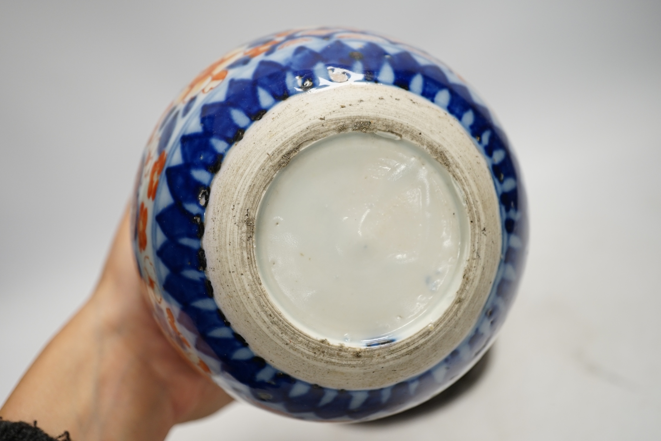 A Japanese Imari double gourd flask on stand, 23cm high. Condition - gilding worn otherwise good